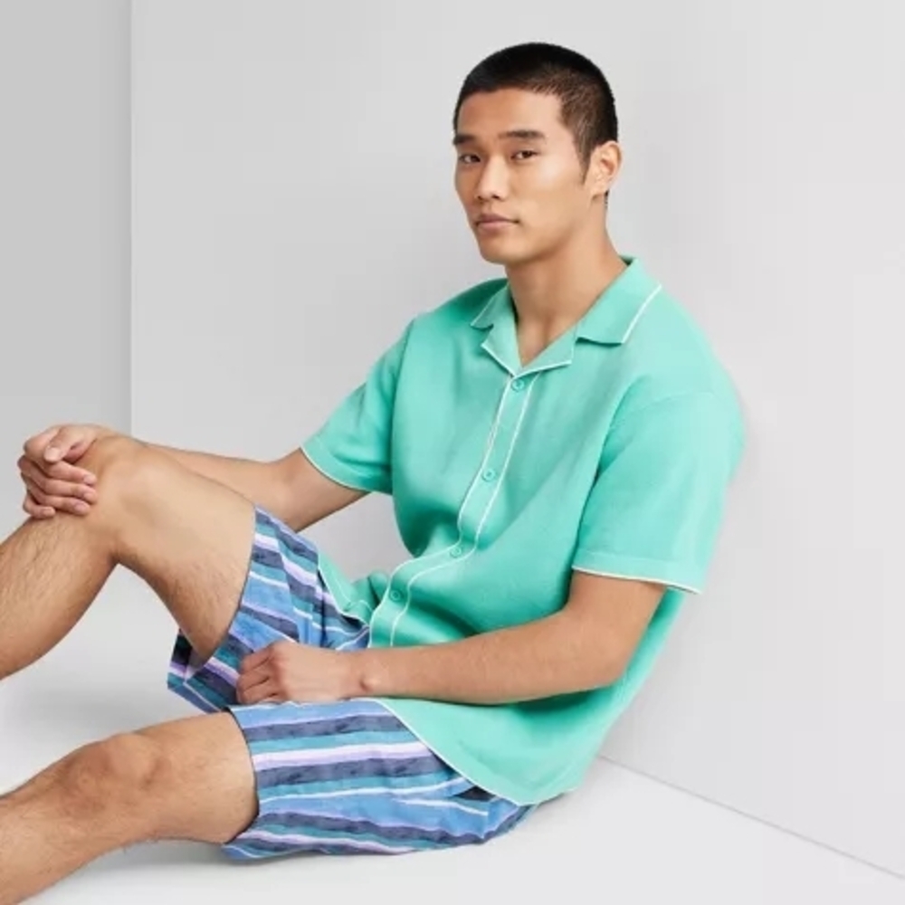 Men's Aqua Shirt and Striped Swim Shorts